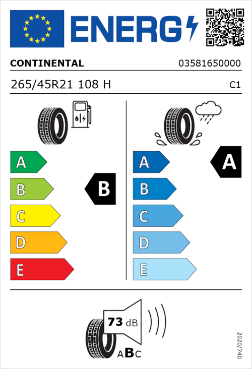 Tyre Label for Continental PremiumContact 6 CS 265/45R21 108H